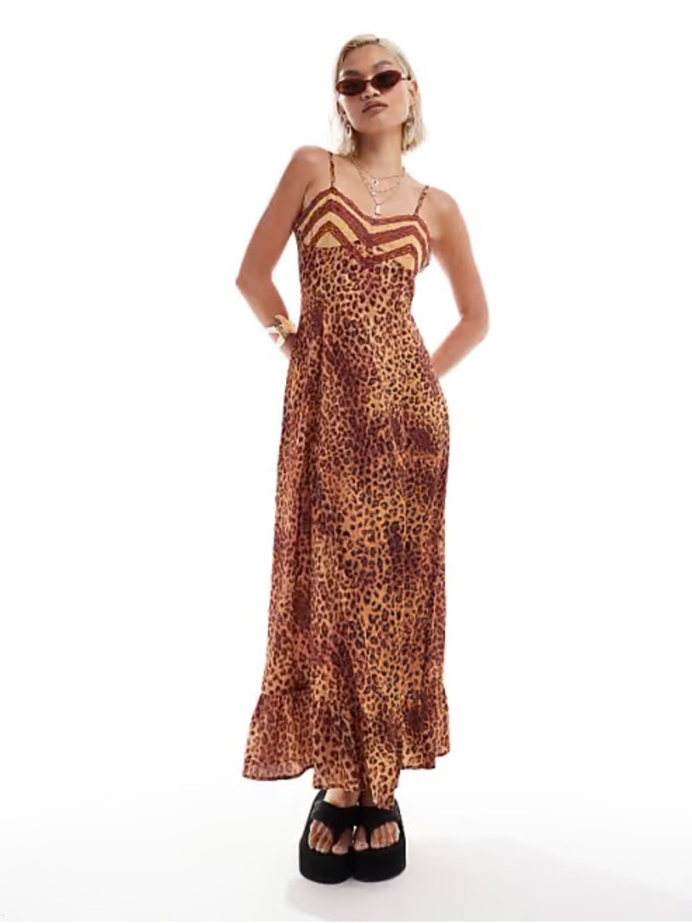 Reclaimed Vintage maxi slip dress in leopard print with lace and bow details